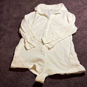 Cream Button-Up Romper Edit By Nine Womans Small Cover up Long Sleeve Shorts